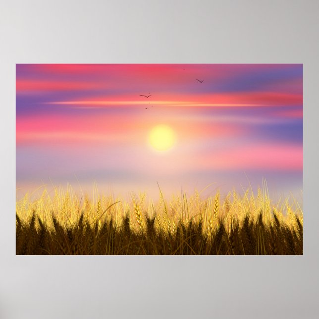 Poster Gold Blé Champ Sunset ciel Paintes à l'huile été (Devant)