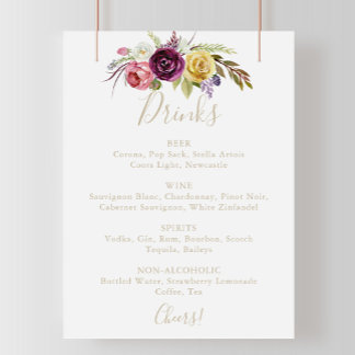 Poster Gold Boho Tropical Floral Mariage Boissons Menu Si