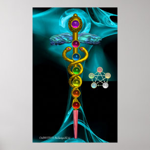 POSTER GOLD CADUCEUS AND 7 CHAKRAS IN BLUE FRACTAL ROSE