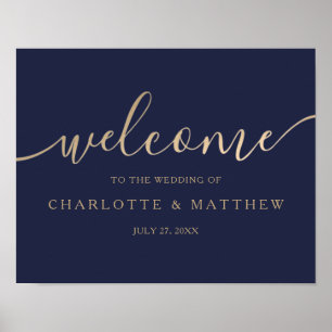 Poster Gold Calligraphy Marine Blue Welcome Mariage Poste