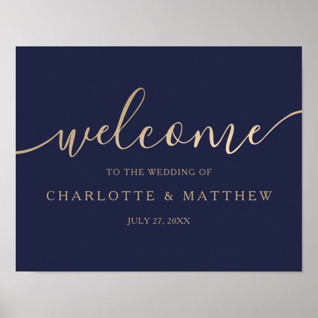 Poster Gold Calligraphy Marine Blue Welcome Mariage Poste (Devant)