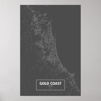 Poster Gold Coast, Australie (blanc sur noir)