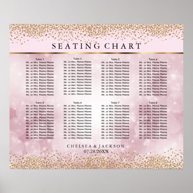Poster Gold Confetti et Pink Bokeh - 10 Seating Chart (Devant)