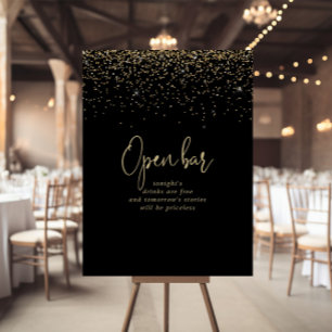 Poster Gold Confetti Fancy Script Wedding Open Bar Sign