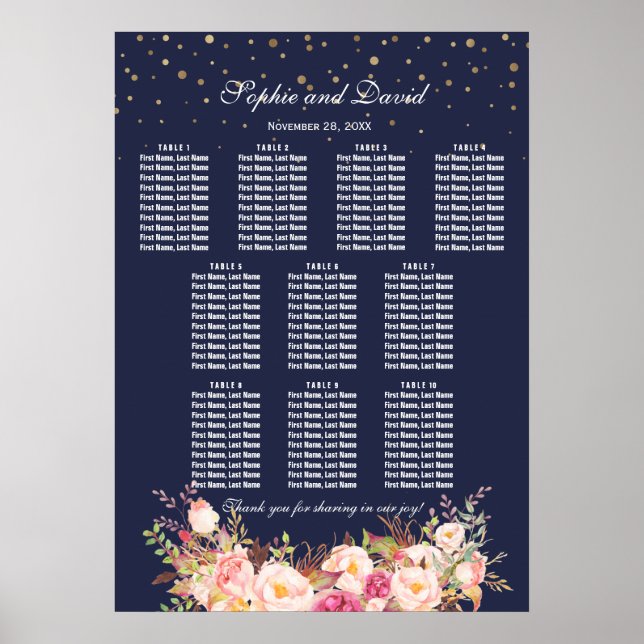 Poster Gold Confetti Pink Flowers Mariage Seating Chart (Devant)