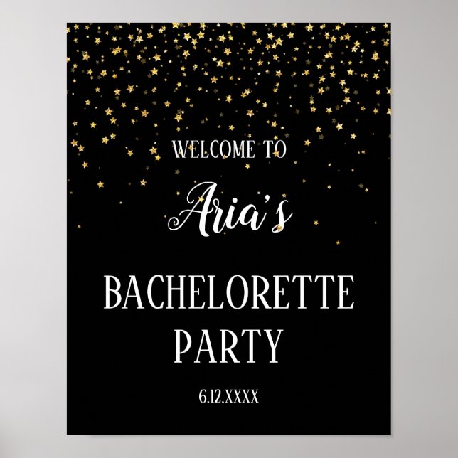 Poster Gold Confetti sur Black Bachelorette Party Bienven (Devant)