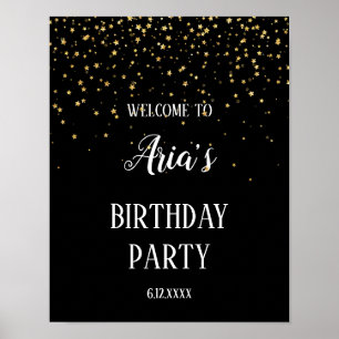 Poster Gold Confetti sur Noir fête d'anniversaire Bienven