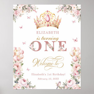 Poster Gold Crown Princess Girl 1er anniversaire Bienvenu
