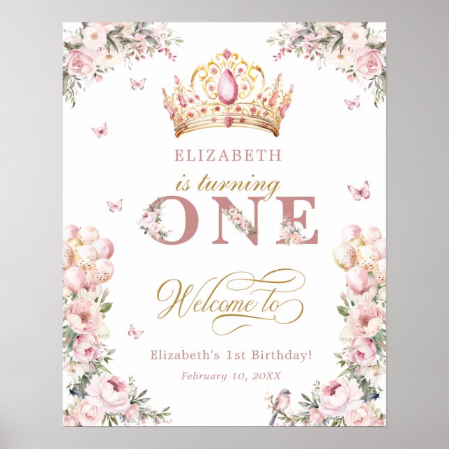 Poster Gold Crown Princess Girl 1er anniversaire Bienvenu (Devant)
