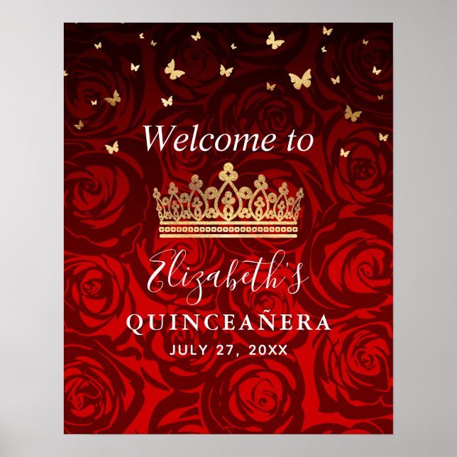 Poster Gold Crown Red Roses Quinceanera Welcome Party (Devant)