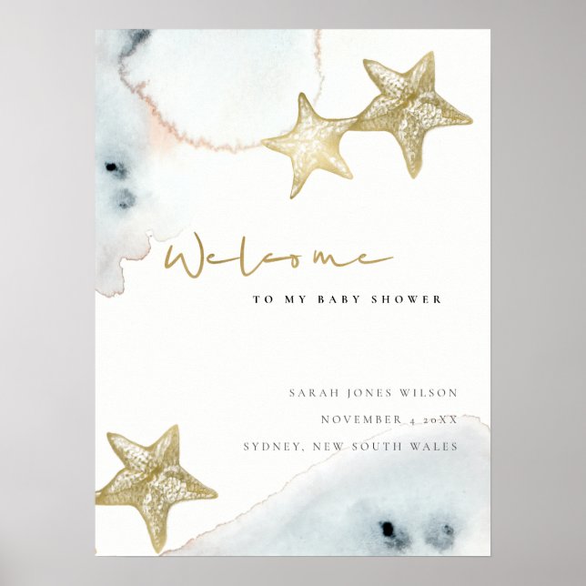 Poster Gold Dusky Blue Beach Starfish Baby shower Bienven (Devant)