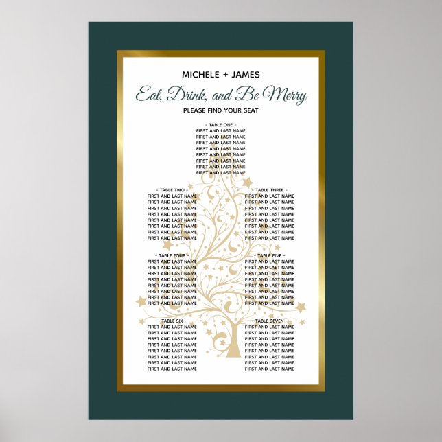Poster Gold Emerald Winter Wedding Seating Chart (Devant)