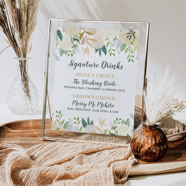 Poster Gold Floral Green Mariage Signature Boissons (Créateur téléchargé)