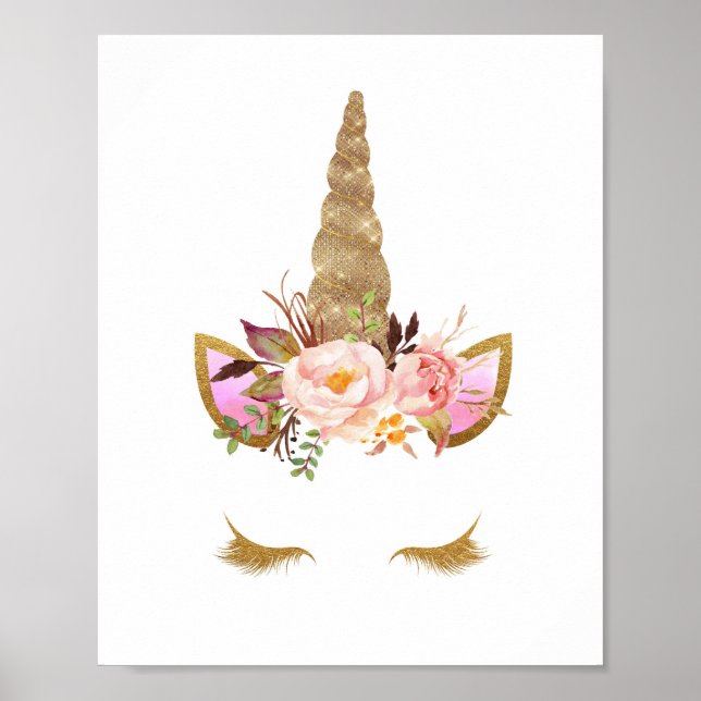 Poster Gold Floral Unicorn Face Nursery Imprimer l'affich (Devant)