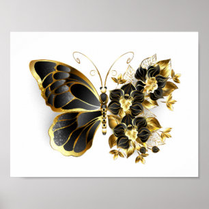 Poster Gold flower Butterfly with Black Orchid