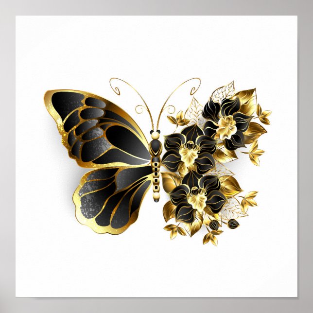 Poster Gold flower Butterfly with Black Orchid (Devant)
