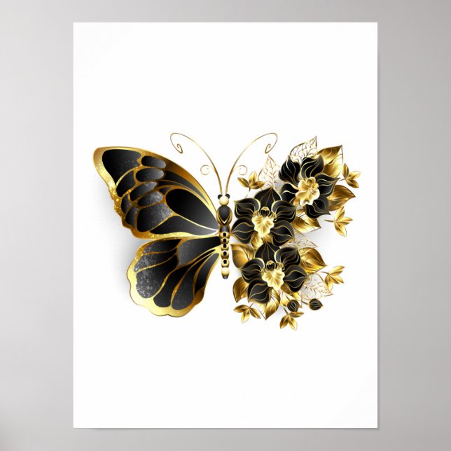 Poster Gold flower Butterfly with Black Orchid (Devant)