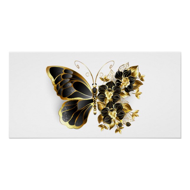 Poster Gold flower Butterfly with Black Orchid (Devant)
