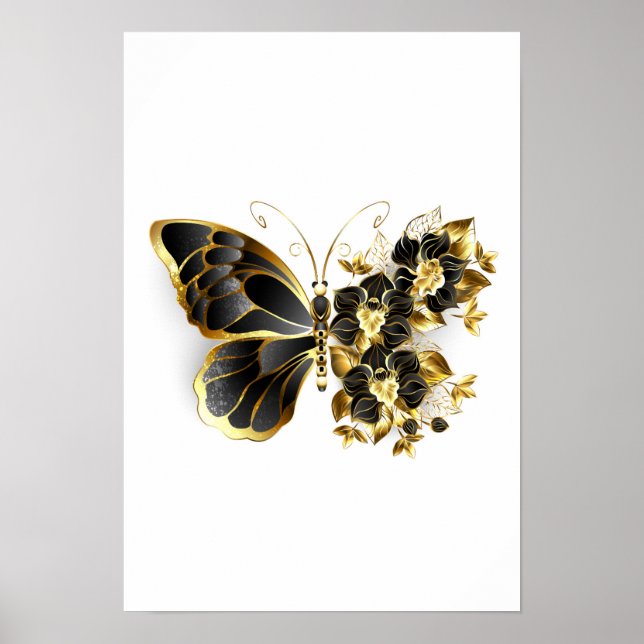Poster Gold flower Butterfly with Black Orchid (Devant)