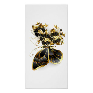 Poster Gold flower Butterfly with Black Orchid