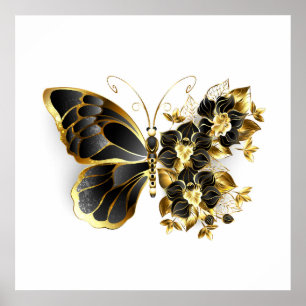 Poster Gold Flower Butterfly with Black Orchid