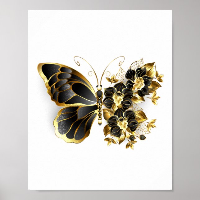 Poster Gold flower Butterfly with Black Orchid (Devant)