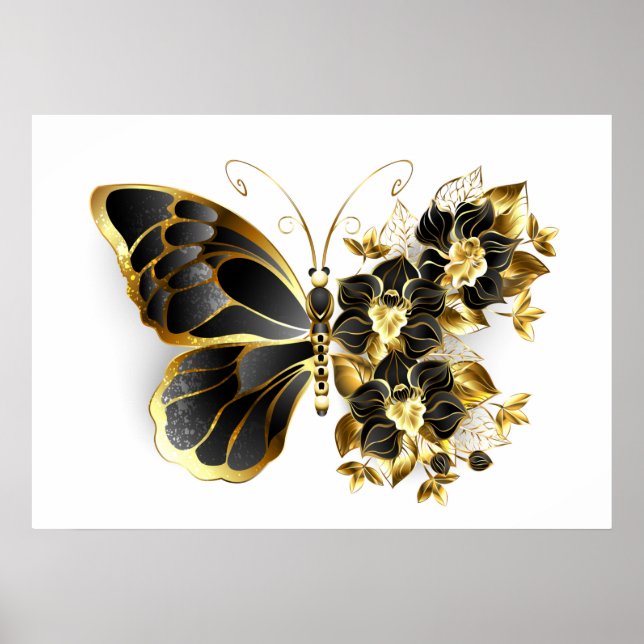 Poster Gold flower Butterfly with Black Orchid (Devant)