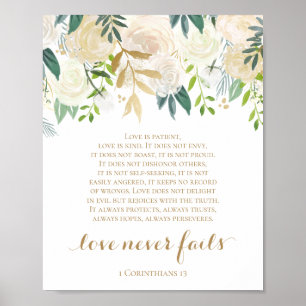 Poster Gold Flower Love Never Fails 1 Corinthians Signer