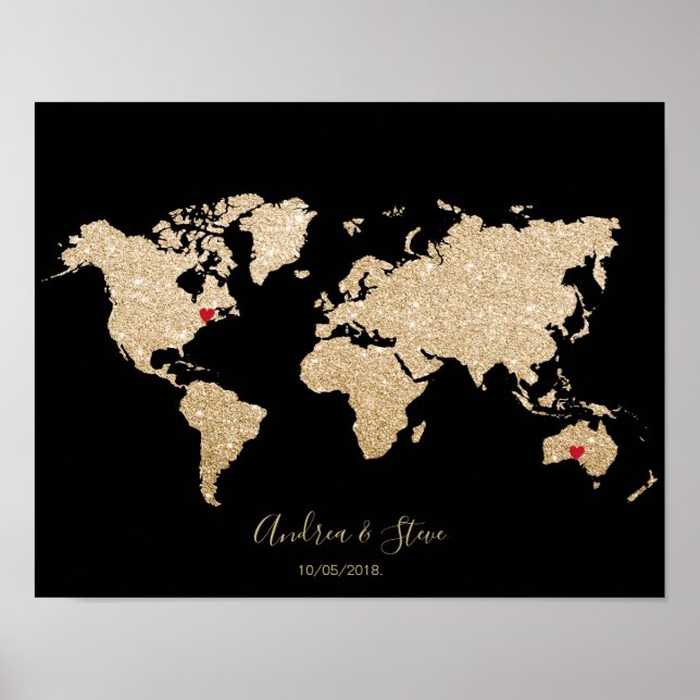 Poster Gold Foil World Map avec des coeurs amovibles coup (Devant)