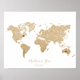 Poster Gold Foil World Map avec des coeurs amovibles coup