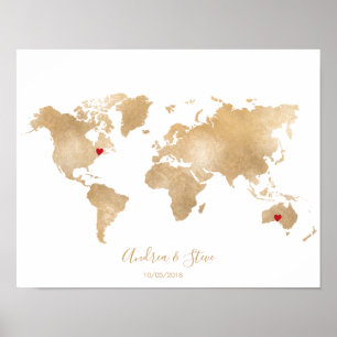 Poster Gold Foil World Map avec des coeurs mobiles couple