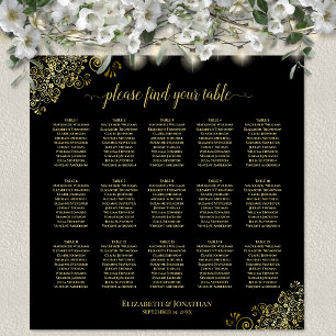 Poster Gold Frills 15 Table Wedding Seating Chart Black