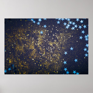 Poster Gold glitter and glittering blue stars on black ba