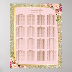 Poster Gold Glitter Pink Floral 16 Tables Seating Chart