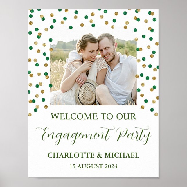 Poster Gold Green Engagement Party Personnalisé 8,5x11 Ph (Devant)