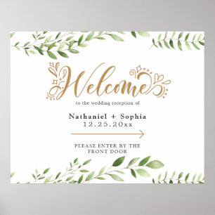 Poster Gold Greenery Gauche Mariage directionnel Bienvenu
