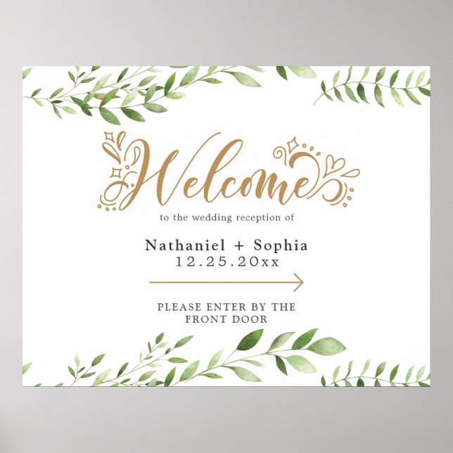 Poster Gold Greenery Gauche Mariage directionnel Bienvenu (Devant)