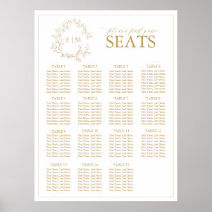Poster Gold Leafy Crest Monogram Wedding Seating