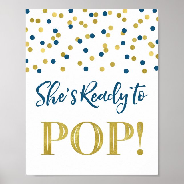 Poster Gold Navy Blue Confetti Elle est prête à pop (Devant)