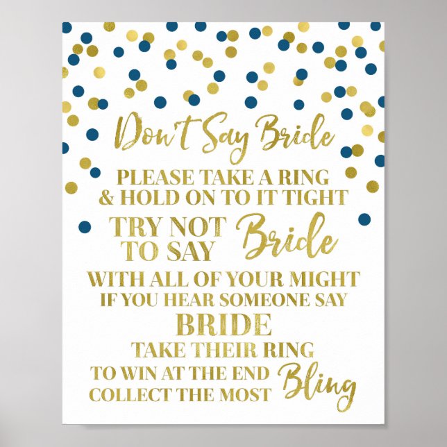 Poster Gold Navy Blue Confetti Ne pas dire Bride Game Sig (Devant)