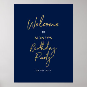 Poster Gold & Navy Blue Moderne fête d'anniversaire Bienv