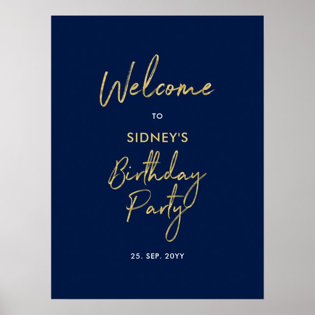 Poster Gold & Navy Blue Moderne fête d'anniversaire Bienv (Devant)