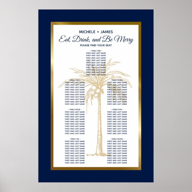Poster Gold Navy Blue Palm Tropical Mariage Seating Chart (Devant)