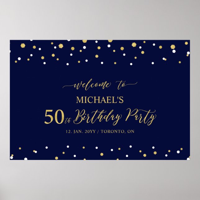 Poster Gold & Navy Confetti 50e anniversaire fête Bienven (Devant)