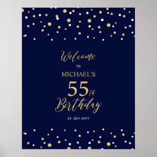 Poster Gold & Navy Confetti 55e anniversaire fête Bienven