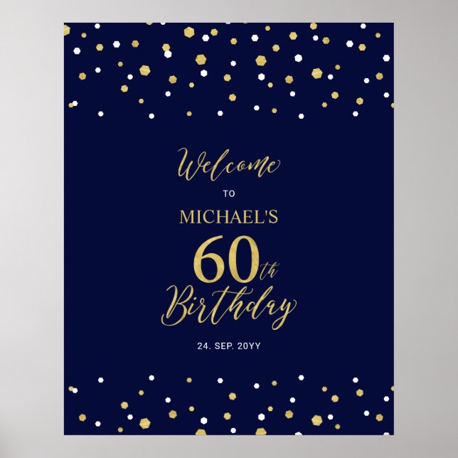 Poster Gold & Navy Confetti 60e anniversaire fête Bienven (Devant)