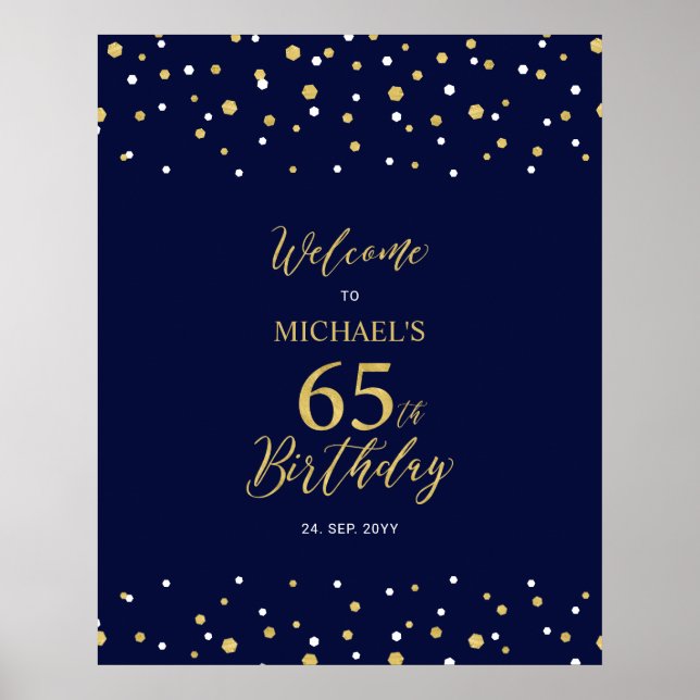 Poster Gold & Navy Confetti 65e anniversaire fête Bienven (Devant)