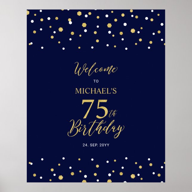 Poster Gold & Navy Confetti 75e anniversaire fête Bienven (Devant)