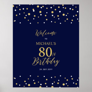 Poster Gold & Navy Confetti 80e anniversaire fête Bienven