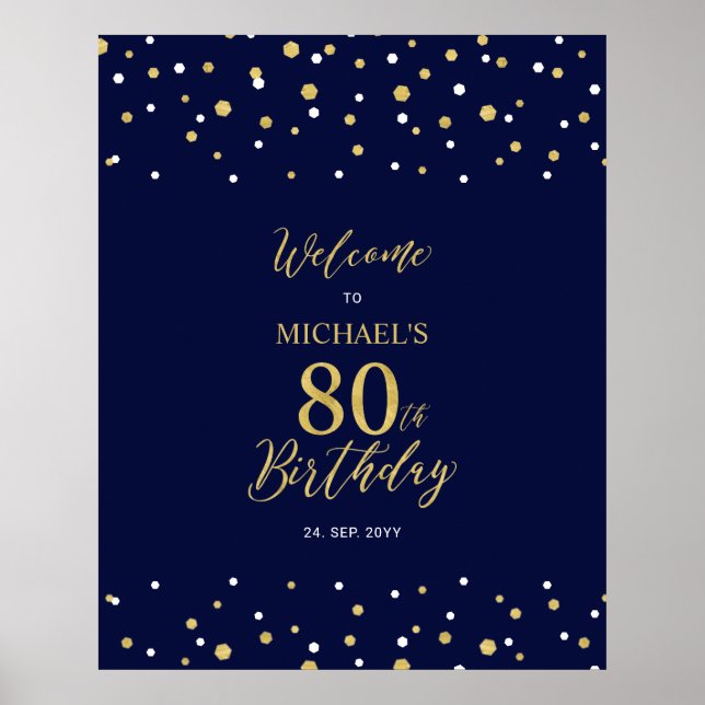 Poster Gold & Navy Confetti 80e anniversaire fête Bienven (Devant)